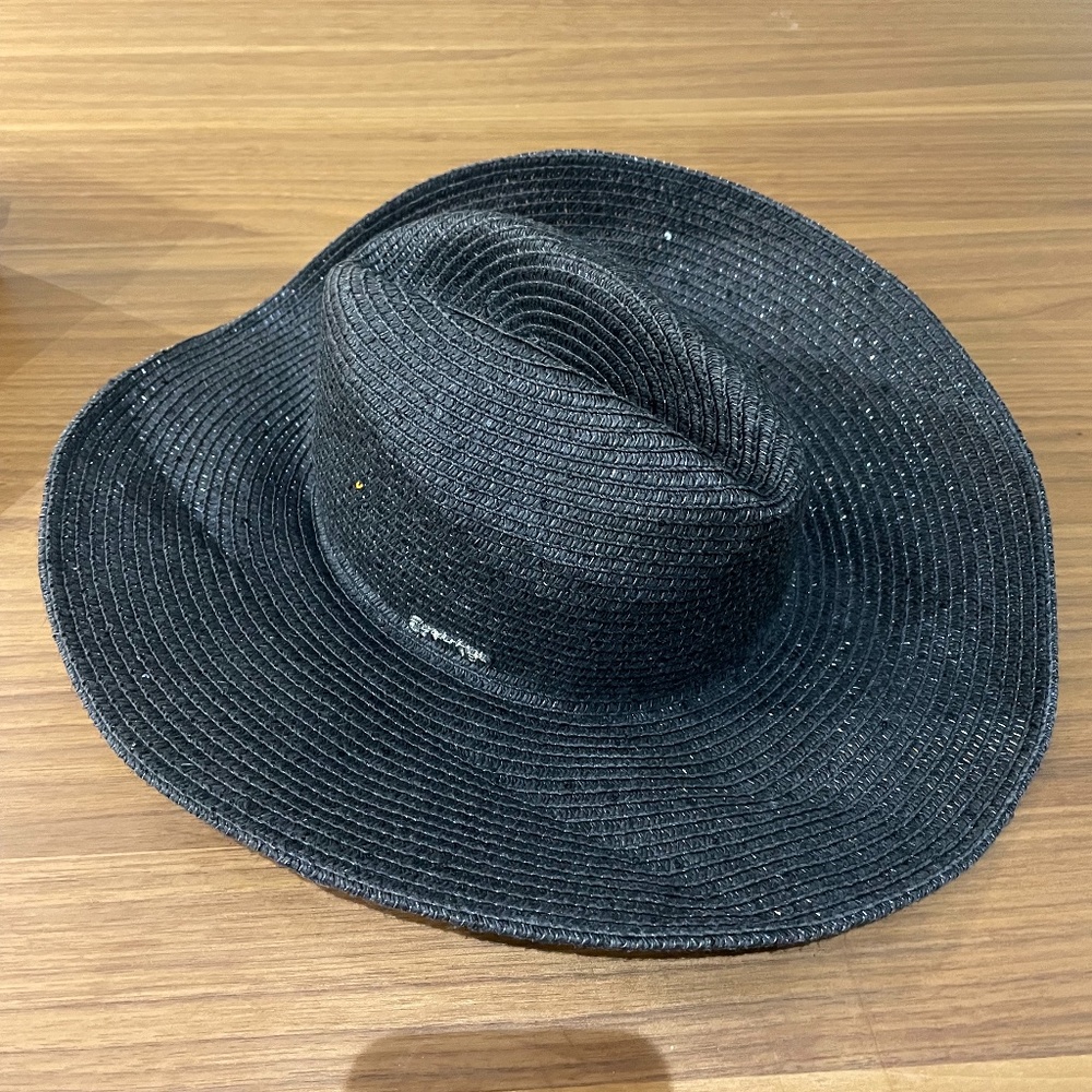 Calvin Klein Wide Brim Floppy Black Sequin Women's Natural Black Straw Sun Hat